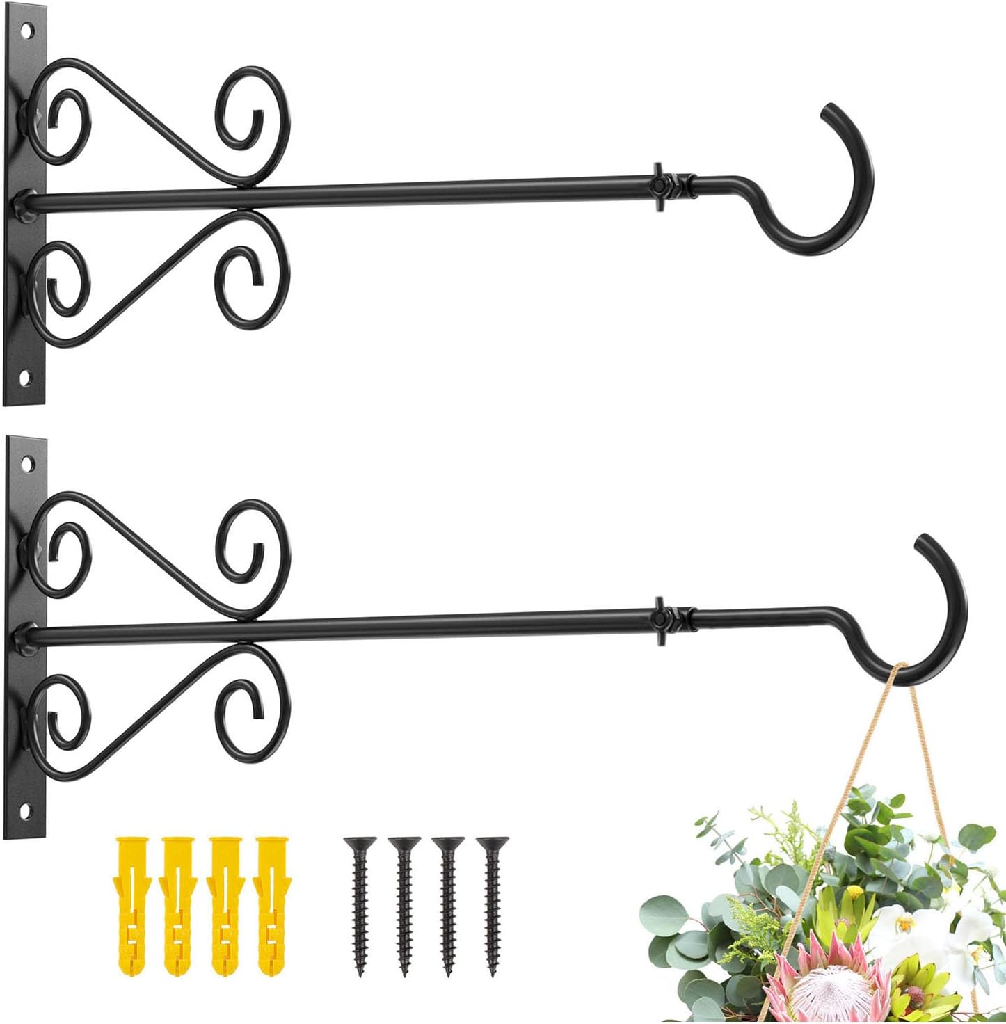 Outdoor Hanging Brackets - GERYMU 24 Inch Bird Feeder Hanger，Heavy Duty Plant Hangers Outdoor, Adjustable Hanging Plant Hooks Hummingbird Feeder Hanger Metal Wall Plant Hanger Bracket for Outside Indoor Wall Mount Black 2 Pack