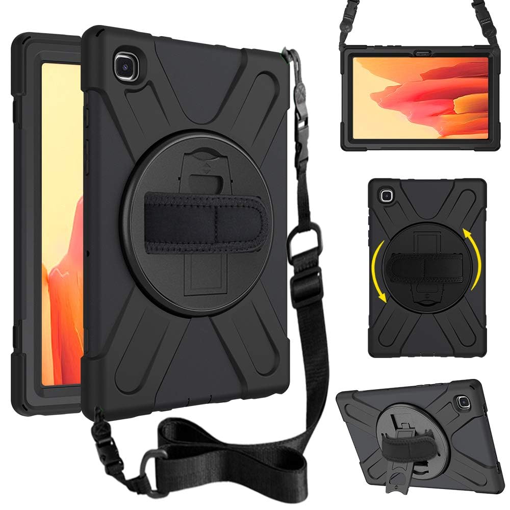 Junfire Samsung Galaxy Tab A7 Case 10.4 Inch, Case for Samsung Tab A7 Tablet Heavy Duty Shockproof Protective Cover (SM-T500/T505/T507) 2020/2022 with Rotating Stand, Shoulder & Hand Strap, Black