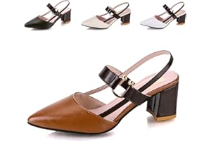 CREPUSCUTE Women's Leather Pointed Toe Block Heel Pump Sandals with Ankle Strap Buckle Summer Casual Wedge Sandals Office Party Fashion High Heels