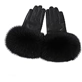 BOONJOVIA Women Genuine Lambskin Leather Gloves With Real Fox Fur Trim Cuff Winter Warm Driving Gloves-Velvet Lined