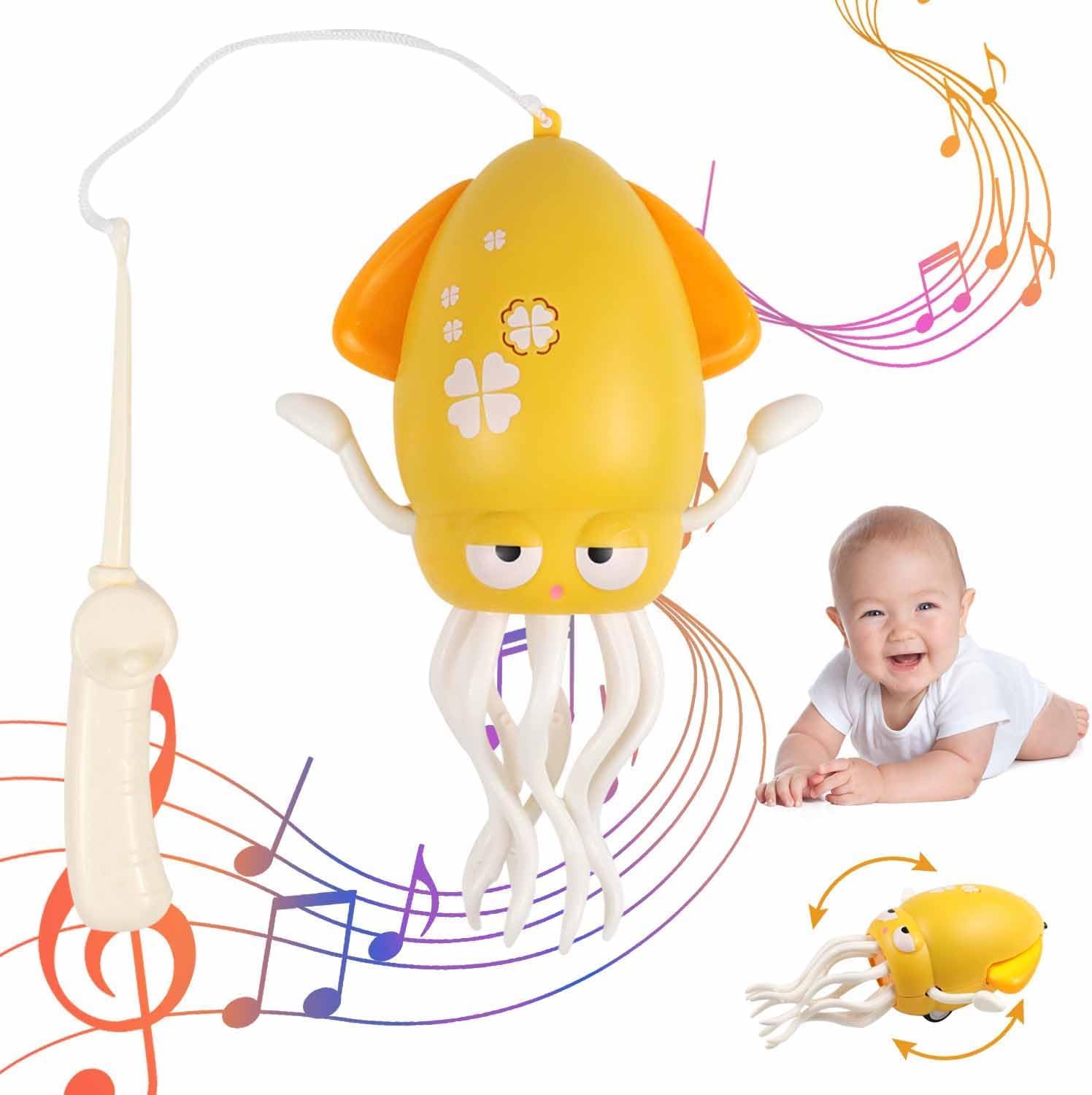 Abnaok Dancing Squid Baby Toy, Rechargeable Crawling Octopus Toy with LED Light ＆ Music, Funny Electric Baby Sensory Toys With Fishing Rod, Dancing Octopus Tummy Time Toys for 0-6 Year Olds Toddler