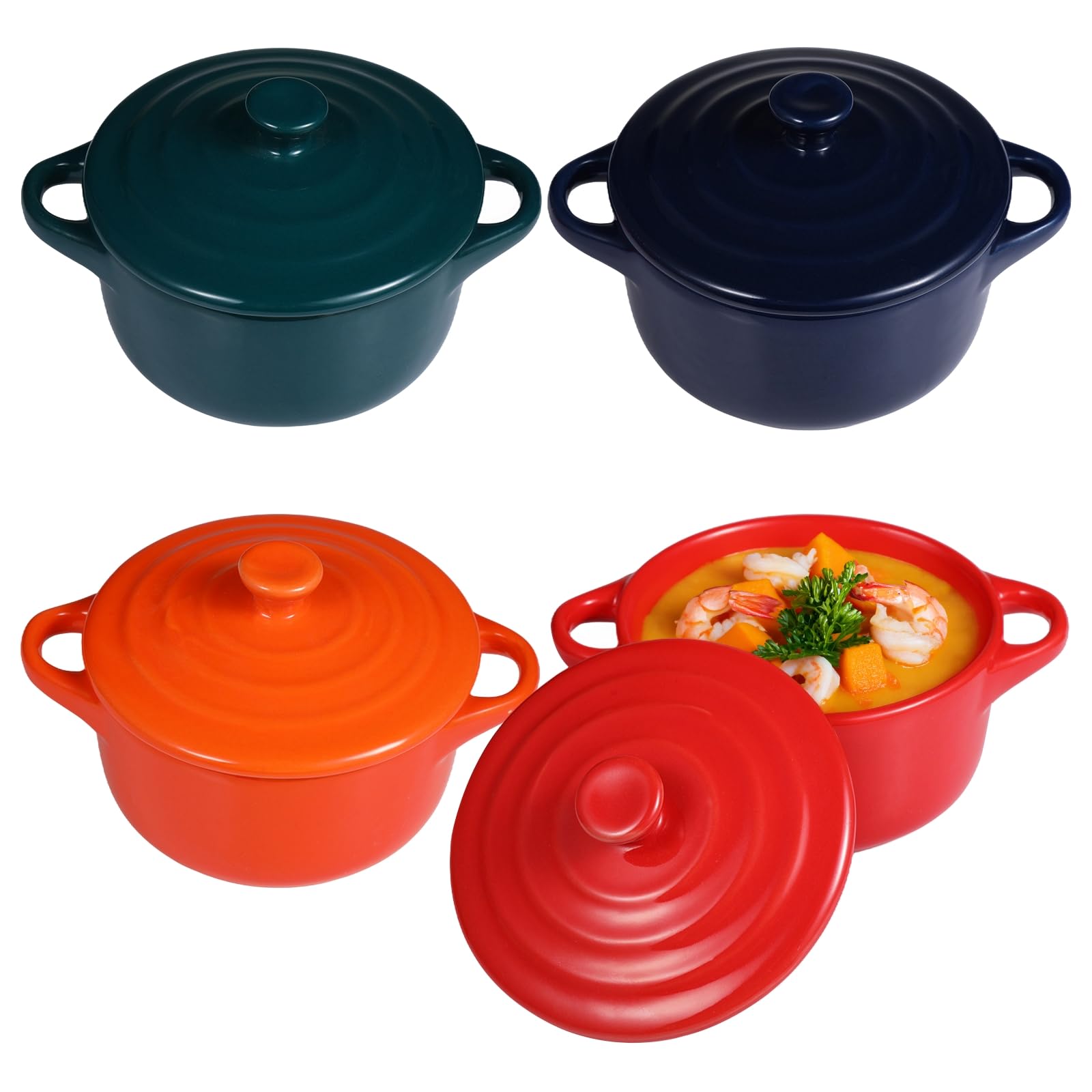 Photo 1 of 4 PCS Ceramic Dessert Ramekins with Lids, 8 oz Oven Safe Ceramic Dish, Baking Bowls with Handles for Steaming, Egg Custard, Soup