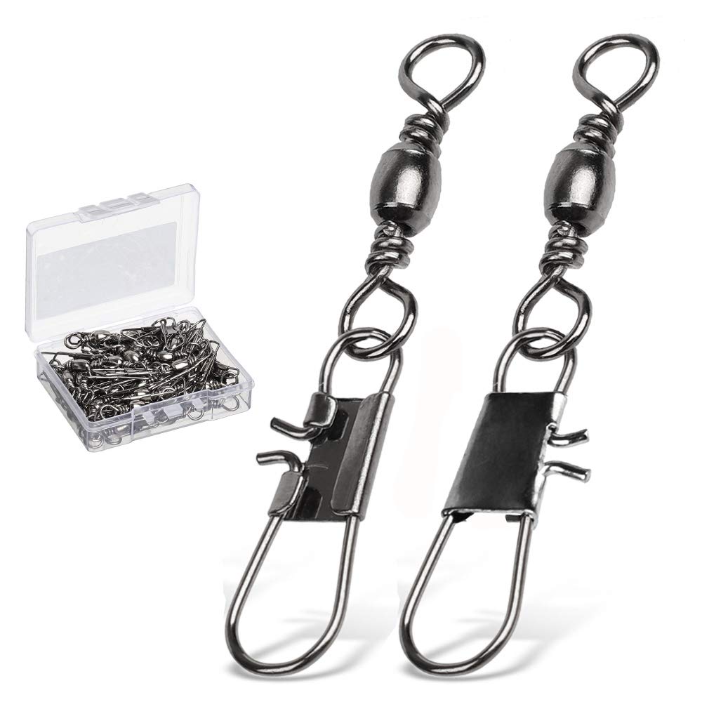 9Tong Fishing Tackle Barrel Swivel Snap High Strength Snap Swivel Saltwater Stainless Steel Fishing Barrel Snaps Interlock Snaps Freshwater Leader Lure Connnector Accessories 50pcs 30lbs