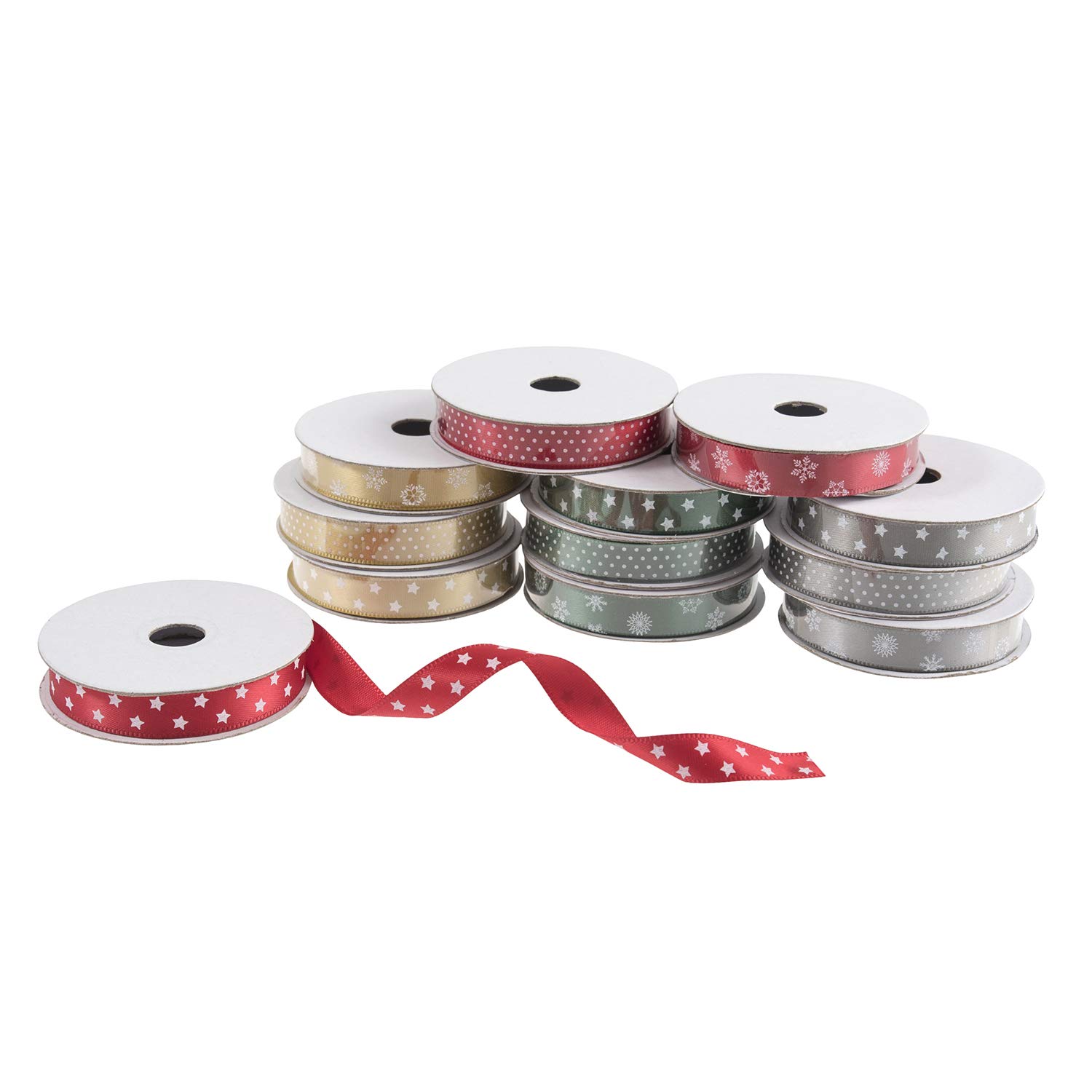 Trimits Christmas Satin Ribbon Bundle, 100% Polyester, Patterned Festive Colours, 2m x 10mm, TTRB012, 12 reels