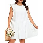 Holipick Women's Plus Size Summer Dresses Casual Short Dress Babydoll Ruffle Sleeve Swing Flowy Sleeveless Tunic Dress