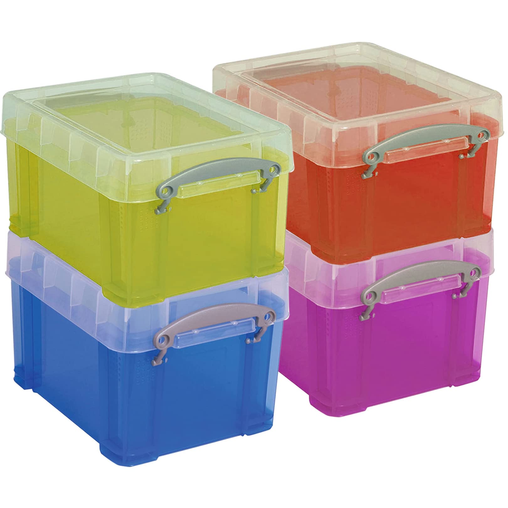 Photo 1 of 1InTheOffice Plastic Storage Bin with Lid, Stackable Mini Container, Assorted Colors, Clear, 4 Pack