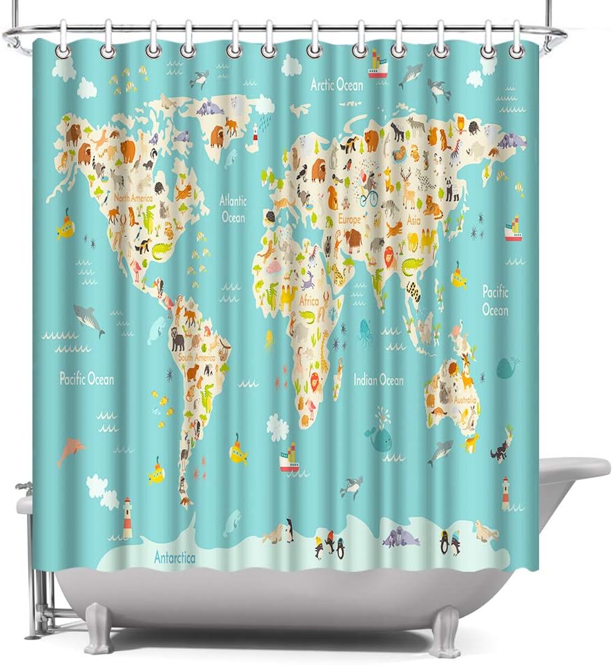 Amazon Com Artbones Animal Map Shower Curtain Cartoon World Map