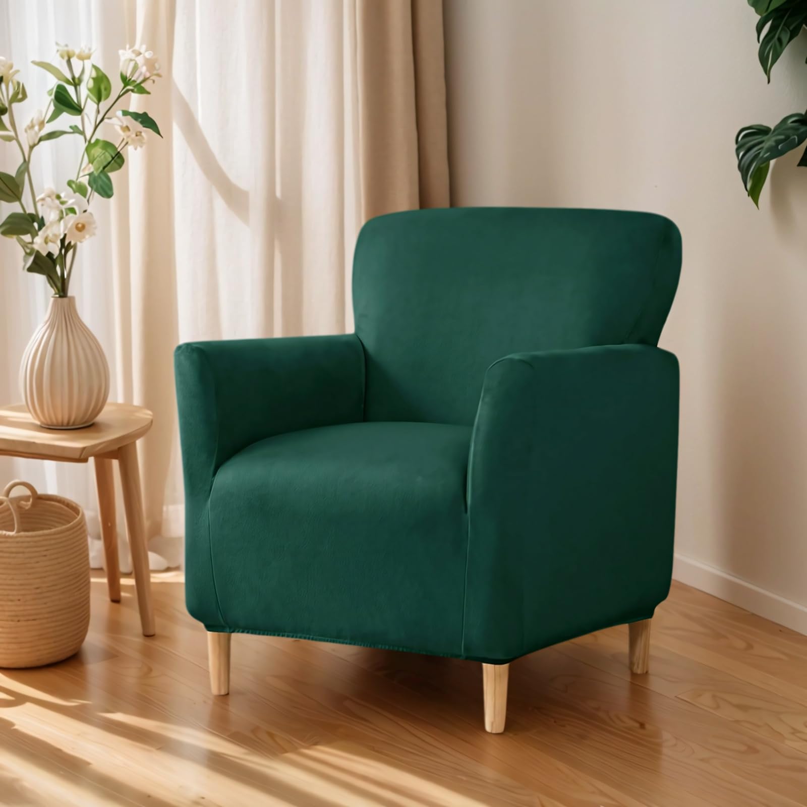 OKYUK Banquet Armchair Slipcovers Luxury Velvet Chair Slipcovers with Arms Stretch Chair Covers for Living Room Soft Armchair Slipcover Anti Slip Dog Pet Friendly Furniture Protector (Dark Green)