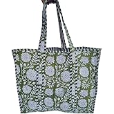 Makarisa Cotton Floral Block Print Tote Bag Handmade Indian Shoulder Bag, Qiulted Market Shopping Bag