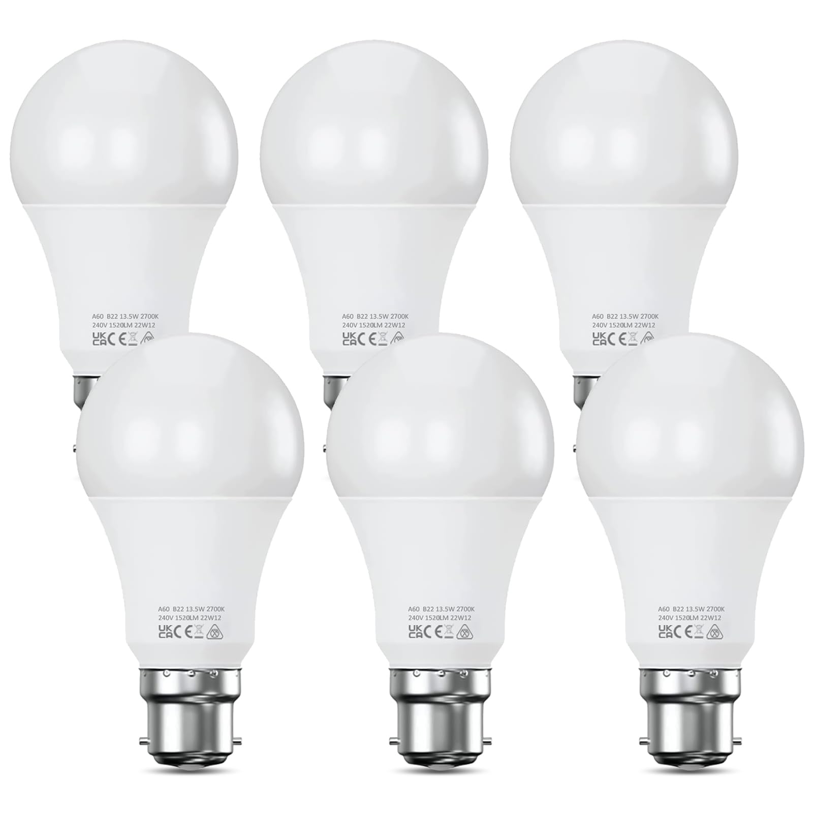 Nottac Bayonet Light Bulb 100W Equivalent, Energy Saving B22 LED Bulbs, Warm White 2700K, 13.5W 1520 Lumens Light Bulb, Non-Dimmable, Super Bright BC GLS Light Bulbs, 6-Pack
