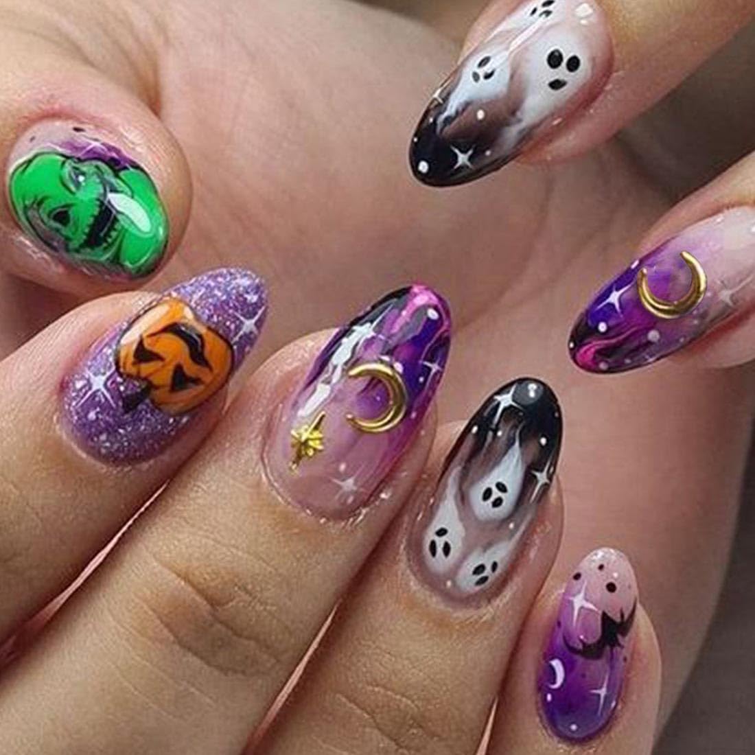 Danshinbow 24PCS Halloween Press on Nails Almond Fake Nails Black Pink Pumpkin Ghost Spider Web Design Cute Cosplay False Nails Glossy And Full Cover Acrylic Nails for Women (Multi color, One size)