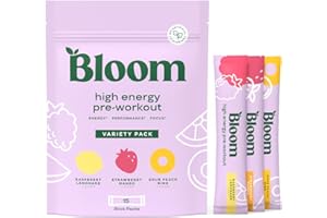 Bloom Nutrition High Energy Pre Workout Powder for Women - Natural Caffeine Powder from Green Tea Extract, w/Beta Alanine, Ginseng & L Tyrosine, Sugar Free & Keto Stick Packs (Variety)