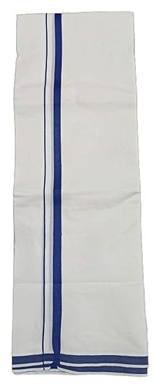Men's Traditional White Cotton Double Dhoti with Dark Blue Border (Free Size)