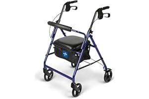 Medline Aluminum Rollator Walker with Seat, Folding Mobility Rolling Walker has 6 inch Wheels, Blue