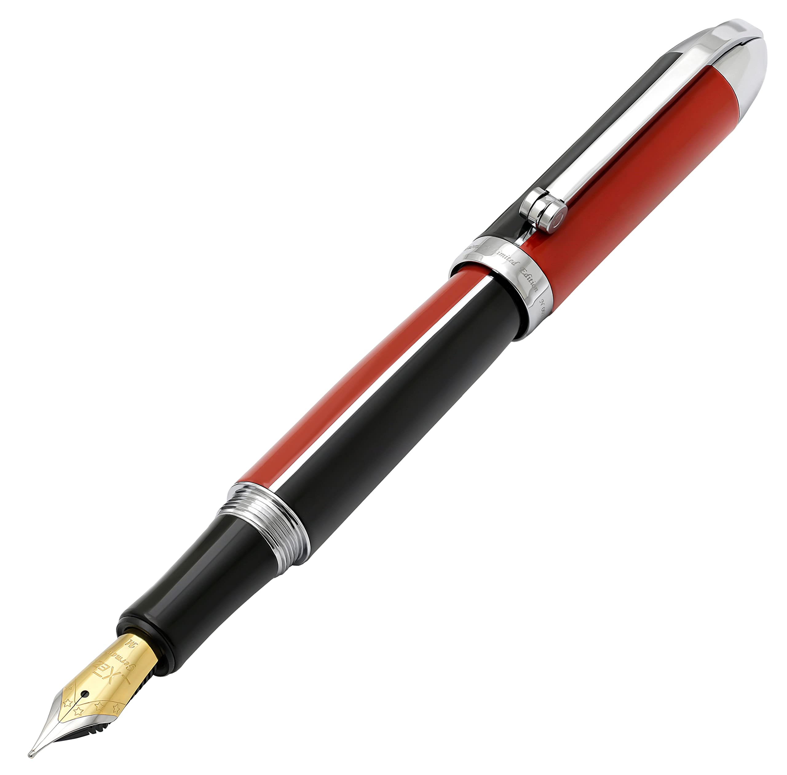Xezo Visionary Brass and Aluminum Fountain Pen, Medium Nib. Hand Lacquered in Red and Black. Numbered in Limited Edition of 500. Classic Art Deco Color Disposition, Retrofuturistic Body Style
