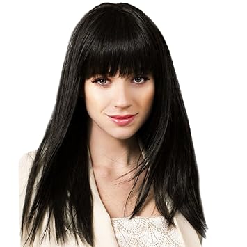 Magideal Real Human Hair Full Wigs Neat Bangs Straight Hair Style