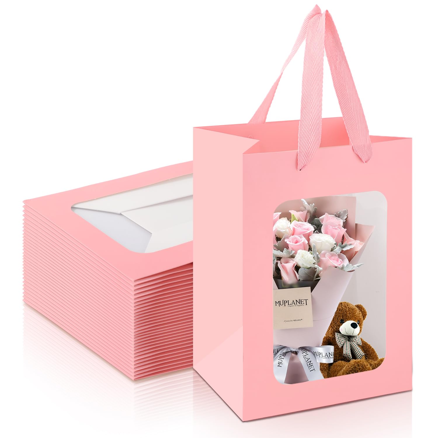 Photo 1 of Bakbania 24 Pack Paper Gift Bags with Window,9.8 x 7.1 x 5.1 Inch Kraft Shopping Bouquet Gift Bags with Handle for Birthday, Weddings, Festival Party(Pink)