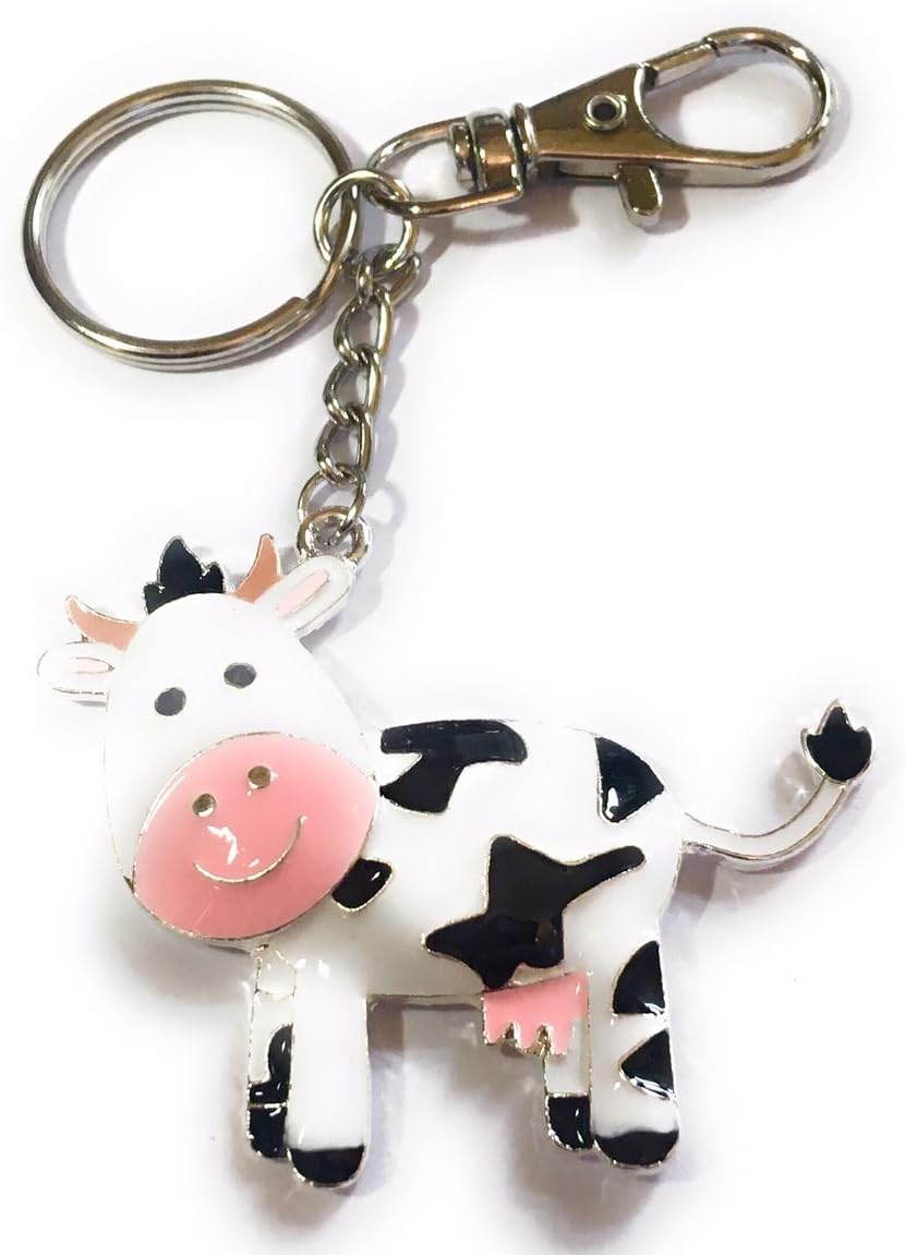 FizzyButton Gifts Cow Keyring Key Ring with Lobster Clasp and Enamel Charm, White