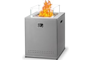 ELECTACTIC 20" Square Smokeless Propane Fire Pit Table, 50,000 BTU Portable Outdoor Patio Heater with Lava Rocks, Glass Wind Guard & Cover for Deck, Backyard, Garden, Camping (Grey)