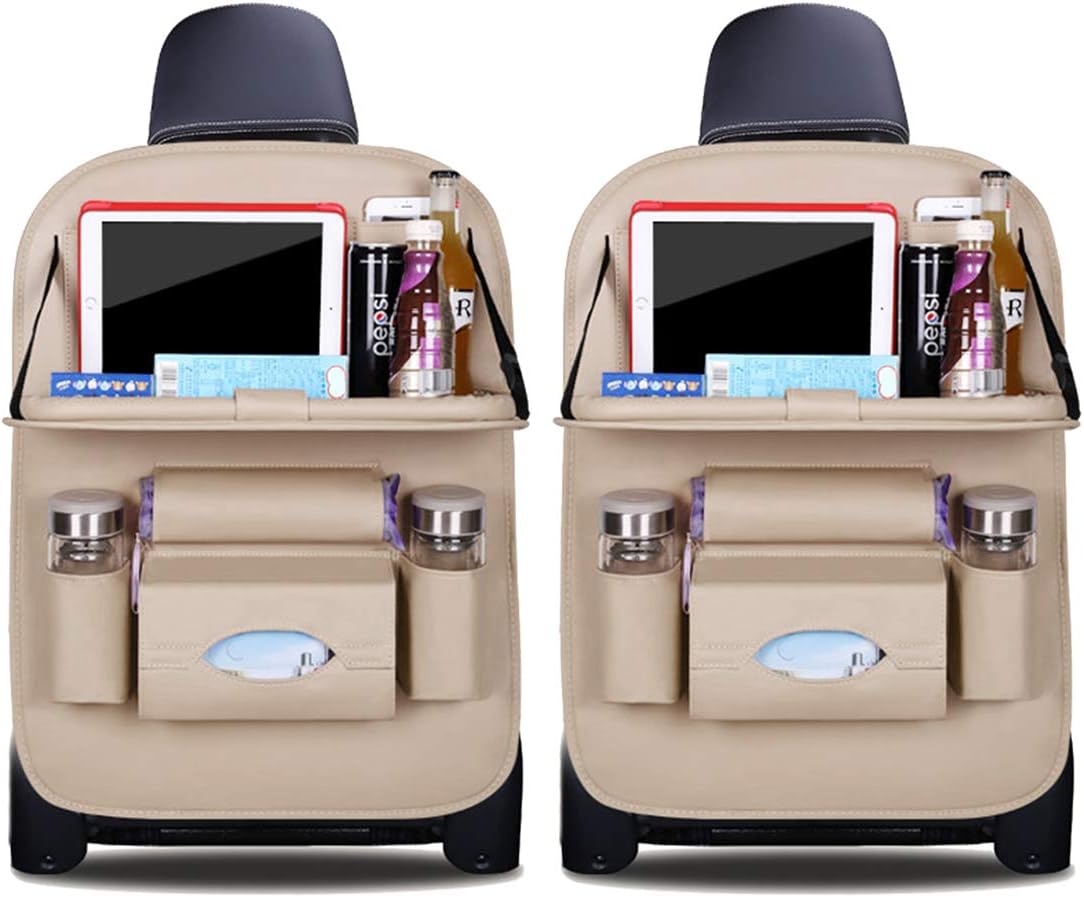 Ergocar Car Back Seat Organiser Kick Mats Luxury PU Leather with Foldable Tablet Holder Car Organisers Car Storage Multi-Function Back Seat Protector for Long Trip and Family (Beige - 2 Pack)