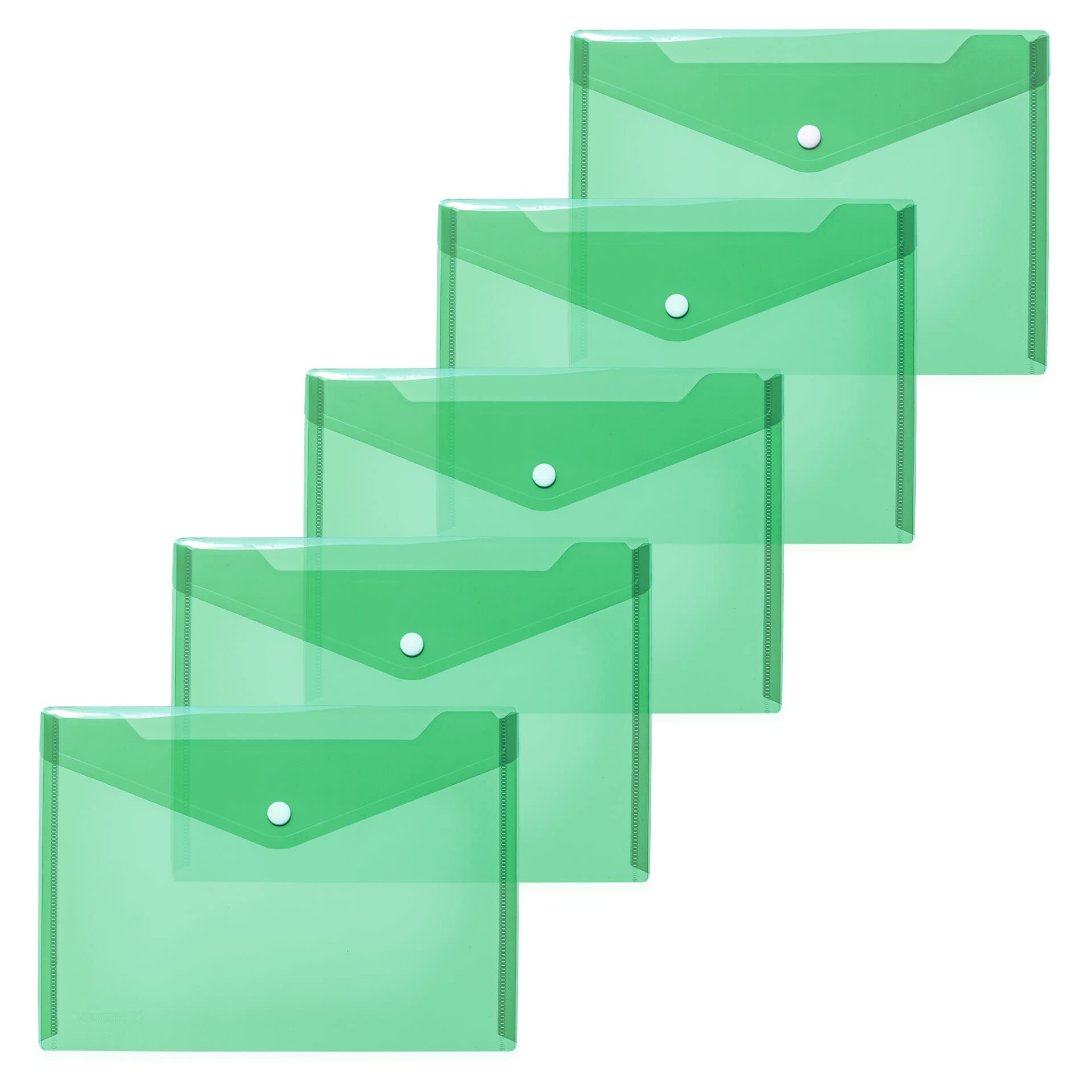 HERMA 20053 Document Wallets A5 Transparent Green Pack of 5 Small Transparent Pockets Envelopes with Press Stud Fastening, Plastic Envelopes for School, University, Office, Travel
