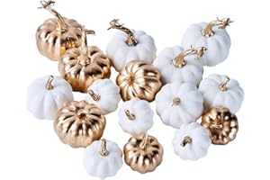 Artmag 16 Pcs Assorted Fall Artificial Pumpkins Harvest White Faux Pumpkins and Gold Plating Pumpkins for Halloween Fall Thanksgiving Decorating Displaying