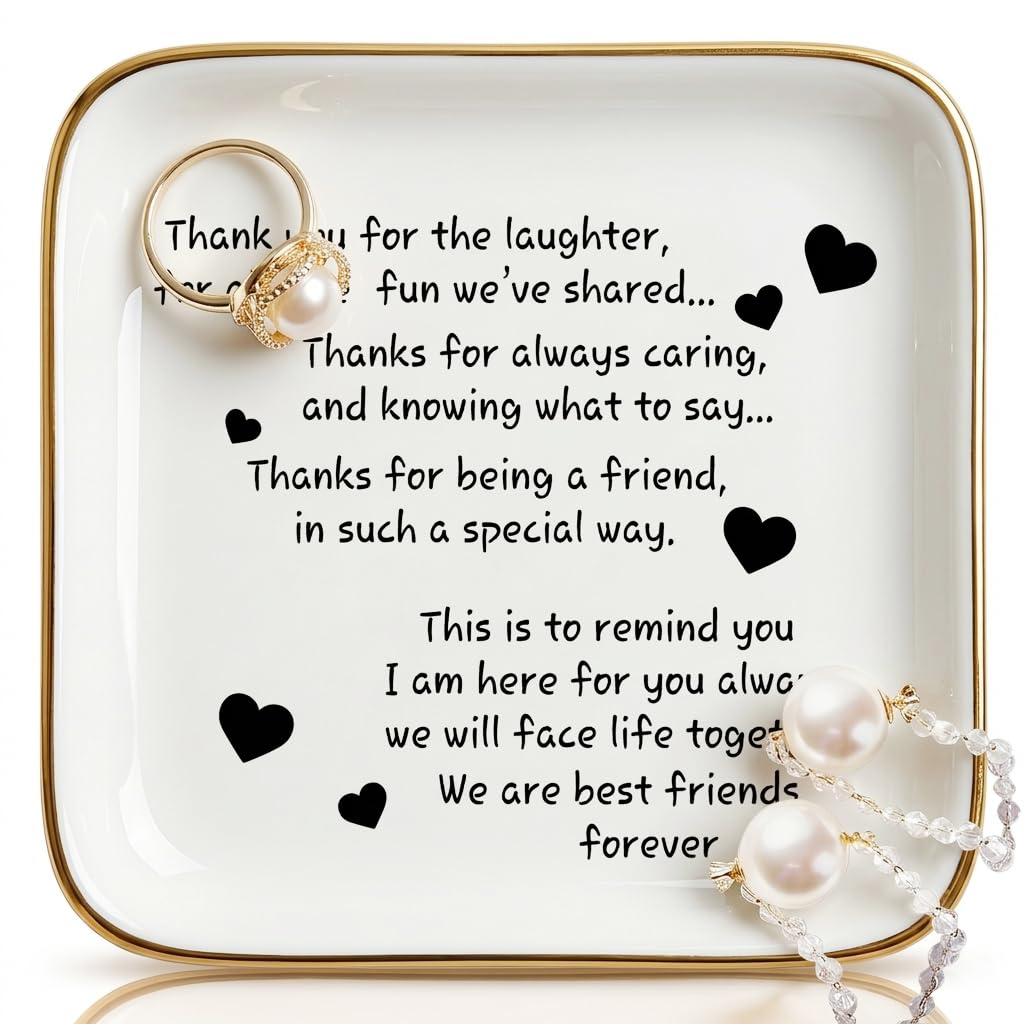 Titanape Best Friend Jewelry Tray - White Ceramic Trinket Dish with Friendship Quotes, Gold Rimmed Organiser for Earrings/Rings/Necklaces - Perfect Birthday/Housewarming Gift for Women