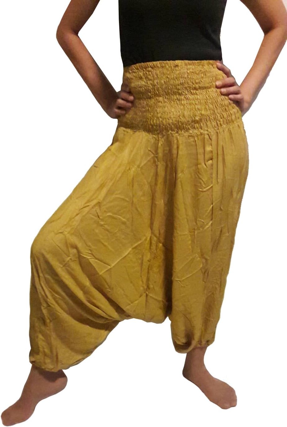 BELLEZASACE Women's Rayon Elastic Smocked Waist Pants Hippie Boho Yoga Palazzo Casual Harem Pants Aladdin Genie Jumpsuit Gold
