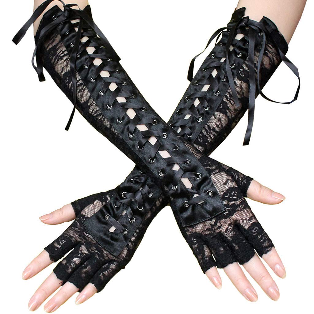 DreamHigh Womens Sexy Elbow Length Punk Fingerless Lace Up Arm Warmer Lace Gloves, Black, One Size