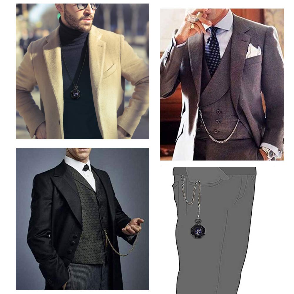 Unendlich U Mens Mechanical Pocket Watch, Vintage Roman Numerals Dial Octagonal Stainless Steel Bronze Case Pocket Watch for Men Women