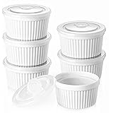 DOWAN Ramekins 8 oz Oven Safe with Lids, Creme brulee Souffle Ramekins with Covers, Porcelain White Ramekins for Baking, Stac