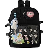 MOVOYEE Backpack for Men Travel Women Work Hiking Casual Daypack Backpacks Teens Girls Boys Kids BookBag,Anti Theft Carry On Clear Backpack,Cute Ita Bag with Pin Display Adjustable Strap Black