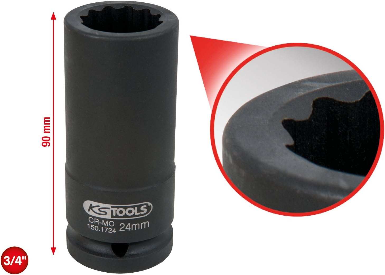 KS Tools 150.1724 3/4 Inch 12-Point Drive Shaft Impact Socket, Long, 24 mm, Colour - Image 3