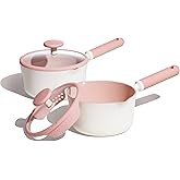 CAROTE 2.5QT & 3.0QT Sauce Pan Sets with Lid & Ladle Ceramic Nonstick Pot Set Non Toxic Saucepan with Stay-cool Handle Small Kitchen Cooking Pots, Easy to Clean, Induction Comptable, PFOA FREE