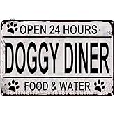 Doggy Diner Funny Rustic Metal Sign Modern Wall Farmhouse Style Dog Home Decor, Dog Food Station Sign for Door Name Plate Plaque Home Patio Garden Bar Farm House Garage Wall Decor Tin Sign 12 x 8 Inch