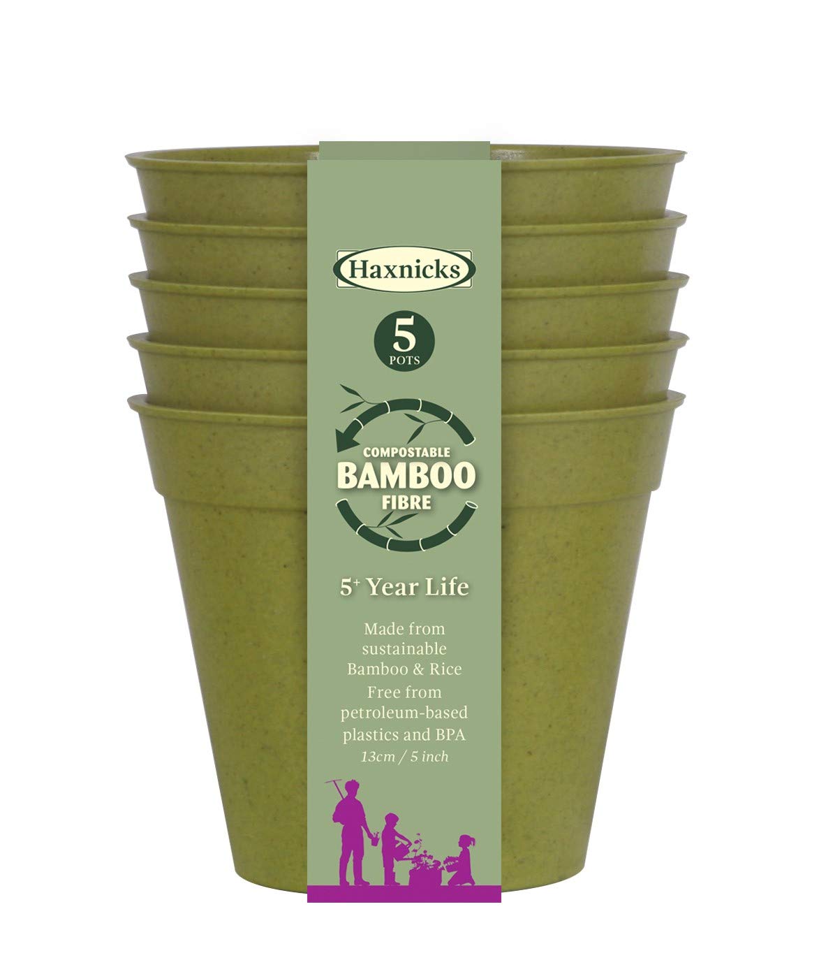 Haxnicks Sustainable Bamboo Fibre Plant Pot in Sage Green, 5 Inch Diameter, 750ml Capacity, Pack of 5, Biodegradable & Home Compostable, POT110101