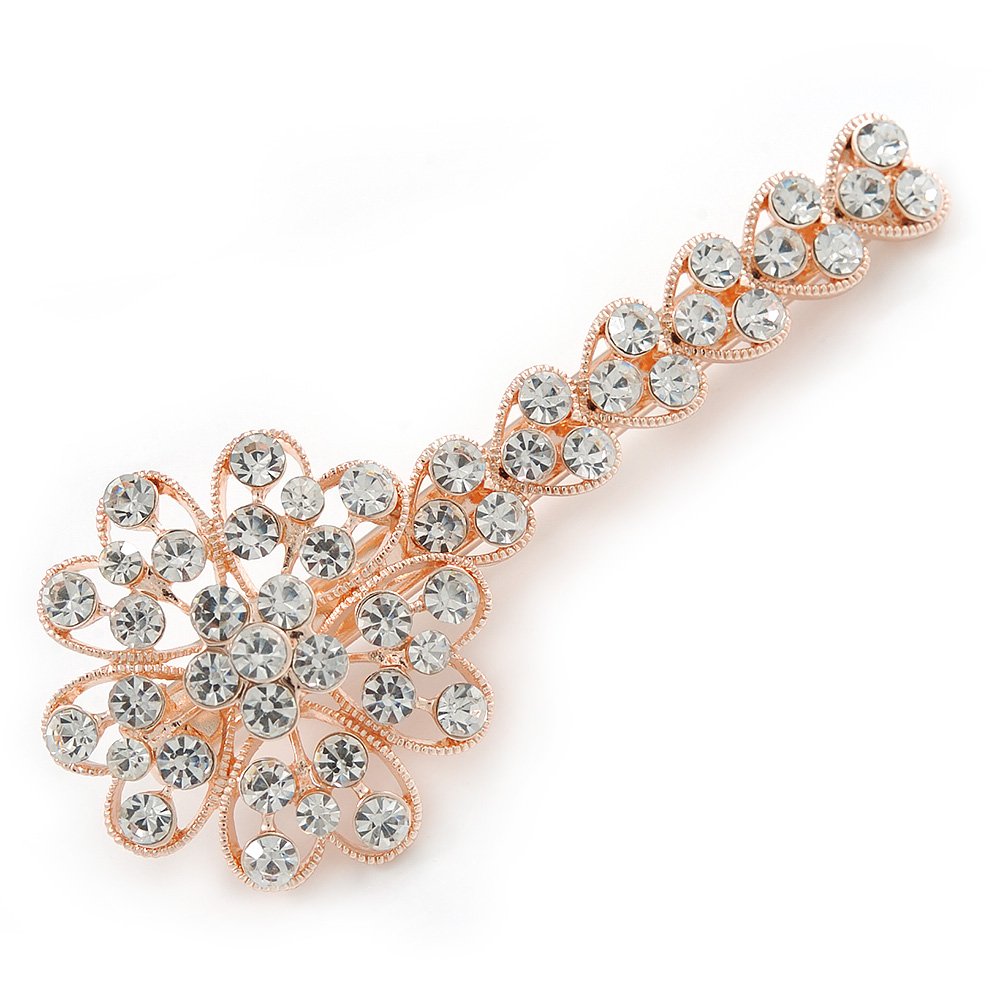 Large Clear Crystal Flower Hair Beak Clip/Concord Clip In Rose Gold Tone - 90mm L