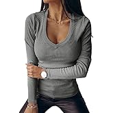 Fessceruna Womens Long Sleeve Shirts Tops Fall Deep V Neck Ribbed Casual Slim Fit Basic Sexy T-Shirt 2025