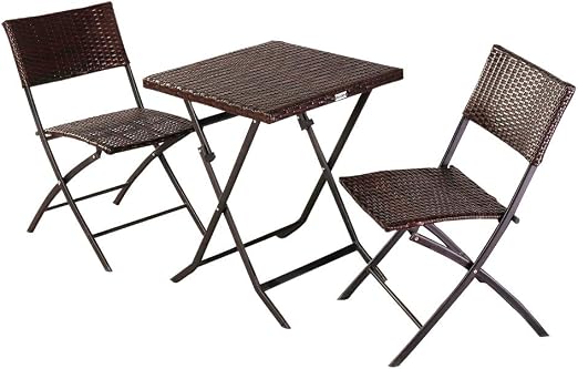 Amazon Com Folding Rattan Chair Three Piece Square Table Brown Concise Patio Dining Furniture Space Saving Furnitures Kitchen Dining