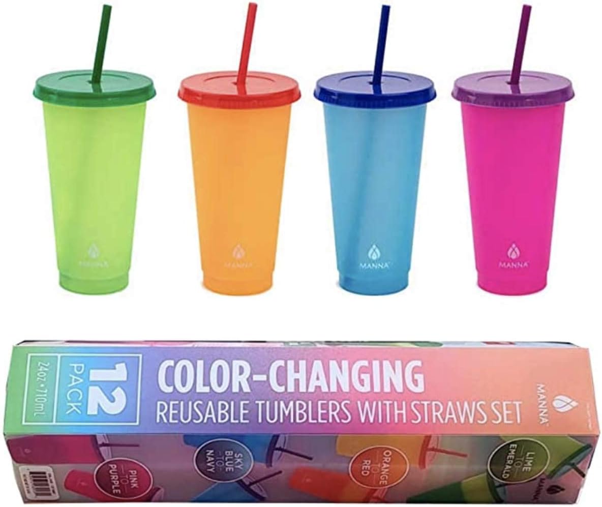 12 Pack Manna Color Changing Reusable Tumblers with Straw