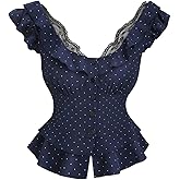 SweatyRocks Women's Polka Dots Lace Ruffled Blouses Layered Cap Sleeve Button Up Summer Shirts