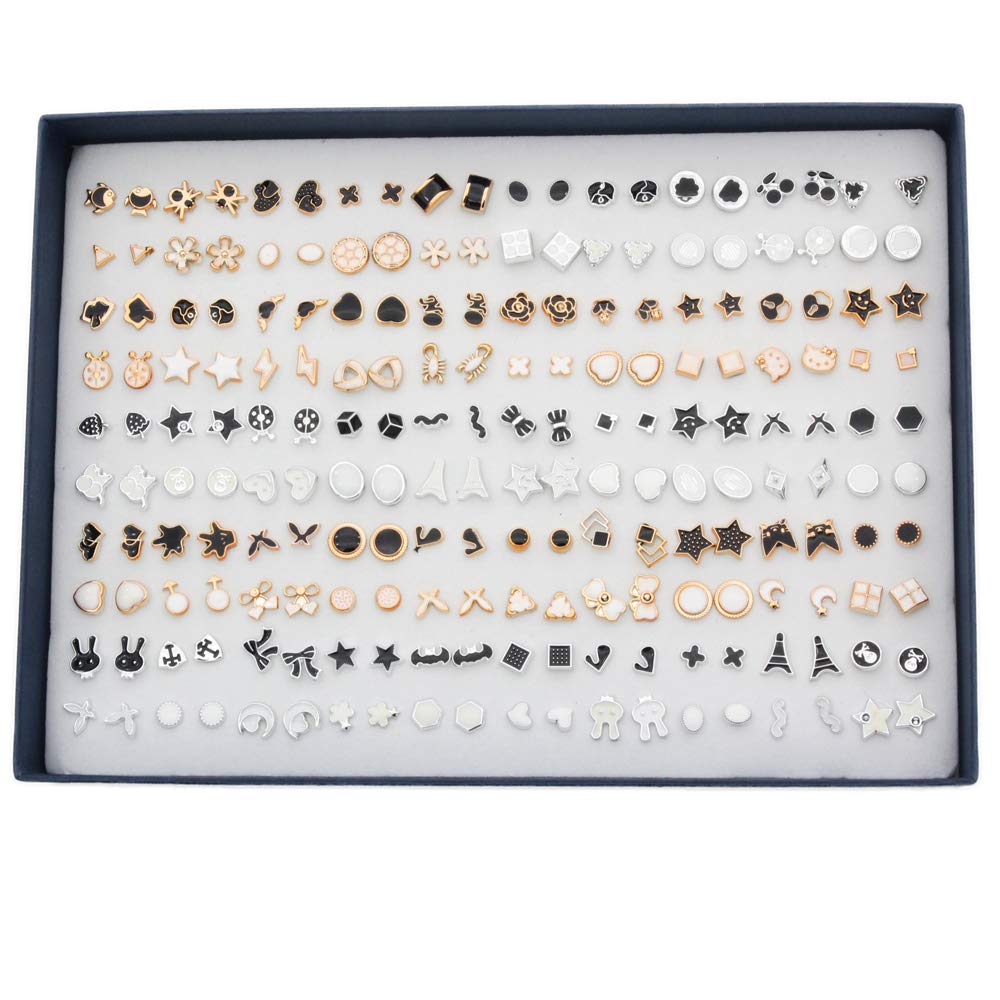 POFET 100 Pairs Stud Earrings with Rectangle Shape Gift Box, Delicate and creative joker stud earrings, Multiple Size and Patterns PAB12254