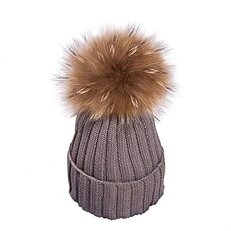 feifanshop Warm Mütze Pelz Bommel Echtpelz Waschbär Ski-Mütze Fellbommel Pelzbommel Raccoon