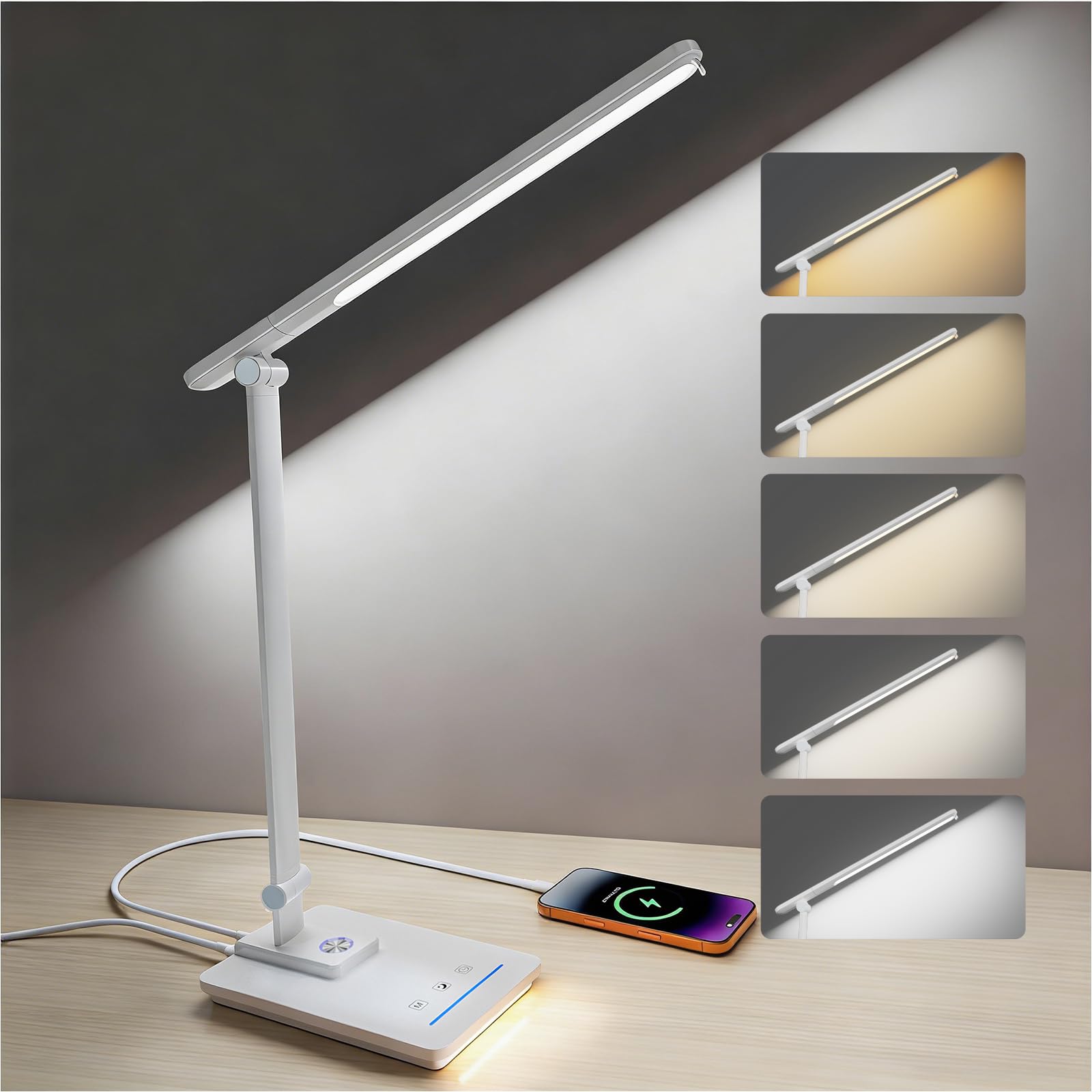 Photo 1 of ELECTRI LED Desk Lamp, Touch Desk Light with USB Port, 5 Color & Stepless Dimming, 360° Rotatable ? Foldable, Reading Lamp for Table Study Work Office Nail Craft Puzzle(with Adapter) (White)