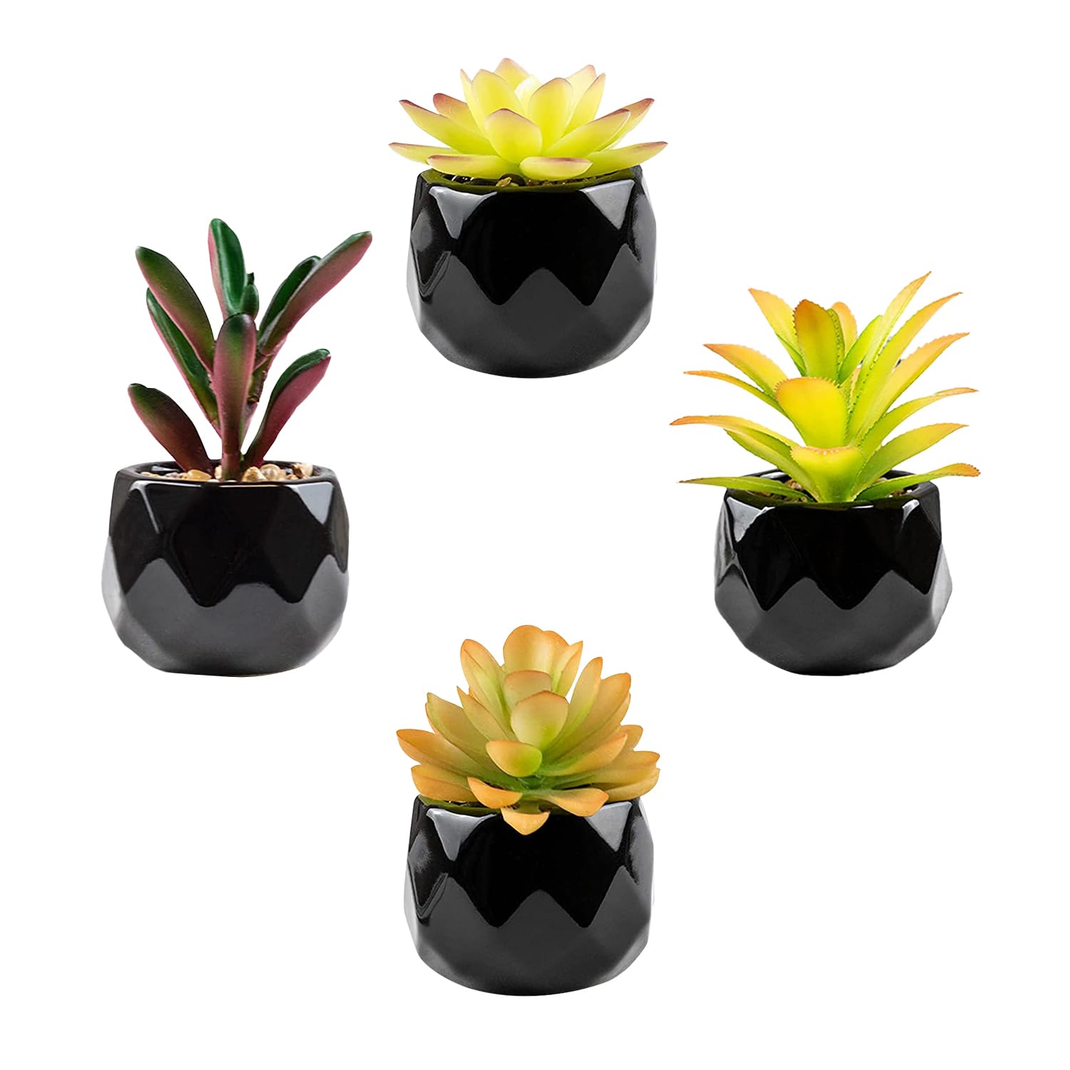 Succulents Plants Artificial Potted Indoor，Set of 4 Small Fake Plants in Black Ceramic Pot, Faux Plant Decoration for Office,Home,Table,Kitchen,Bathroom