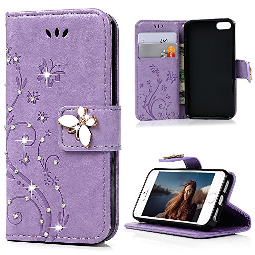 iPhone SE Case,iPhone 5S Case,iPhone 5 Case - Mavis's Diary 3D Handmade Wallet Bling Crystal Diamonds Butterfly Fashion Floral PU Leather with Hand Strap Magnetic Clasp Card Holders