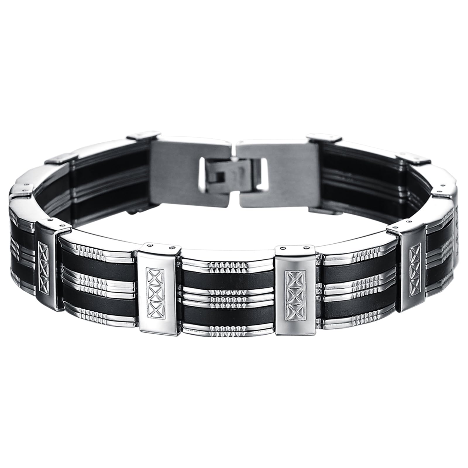 OIDEA Mens Bracelet: Black Silver Tone Rubber Bracelet for Men Stainless Steel Link Bracelet Wrist Jewelry Gift, 8.27 Inch
