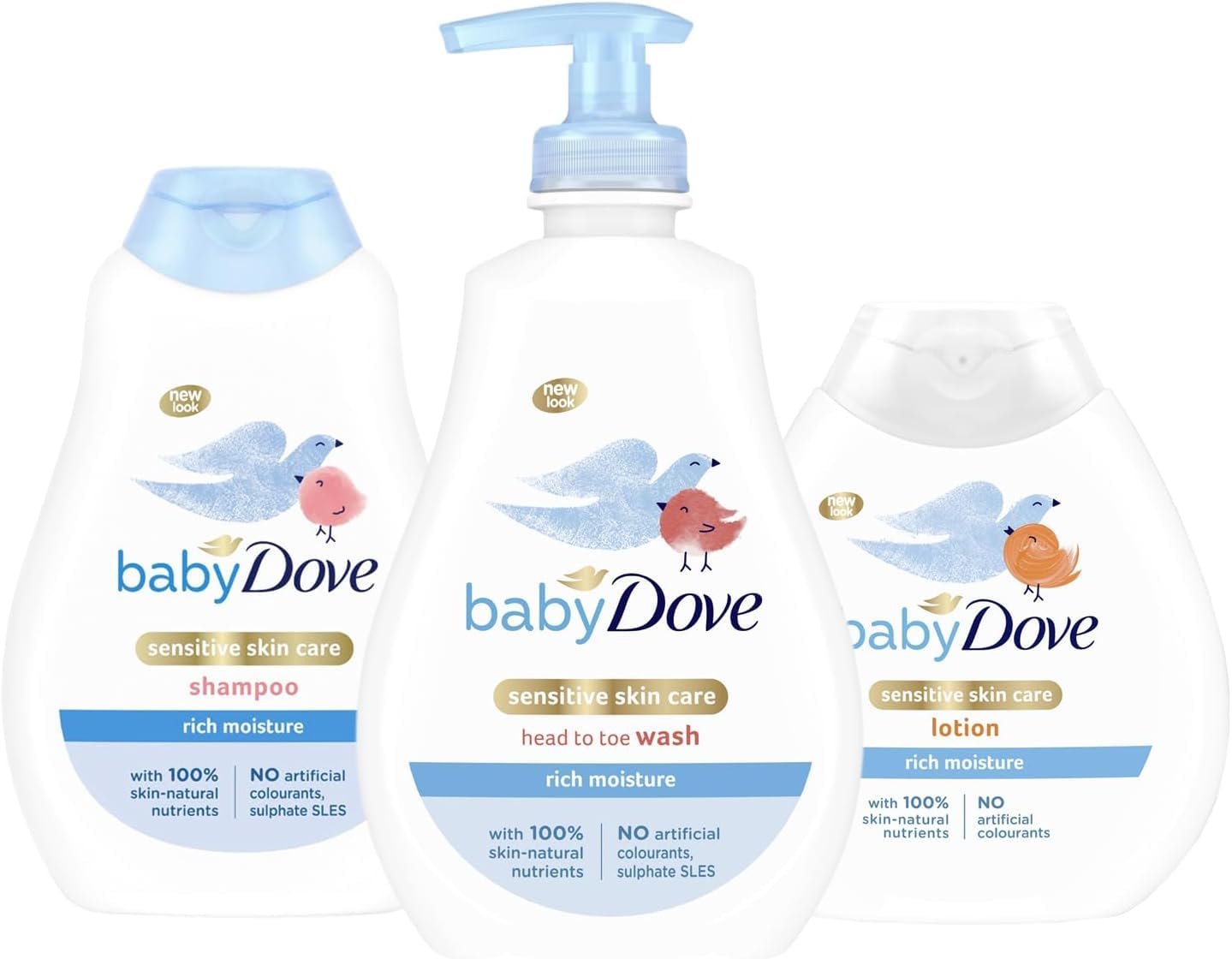 Baby Dove Rich Moisture Baby Care Set – 3-Piece Bundle: Tear-Free Head to Toe Wash (400ml), Gentle Shampoo (400ml), & Moisturising Lotion (200ml) suitable for Sensitive Skin