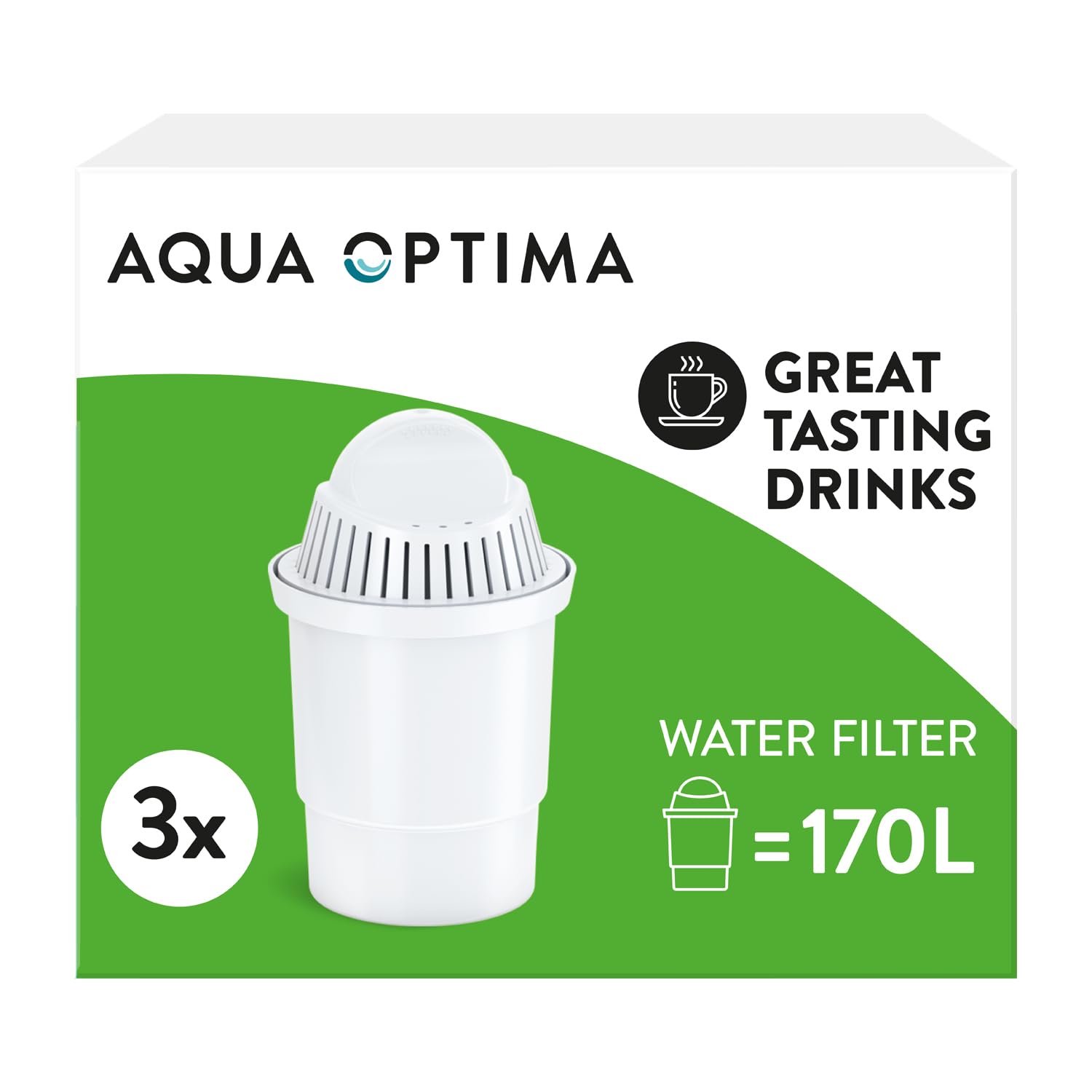 Aqua Optima Classic Round Water Filter Cartridges 3 Pack - Fits Brita Classic Jugs* - Reduces Limescale, Chlorine and Other Impurities (Packaging May Vary)