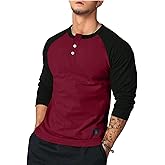 Dokotoo Men Men's Henley Shirt Fall Crewneck Color Block Slim Fit Long Sleeve T Shirts Button Up Tees
